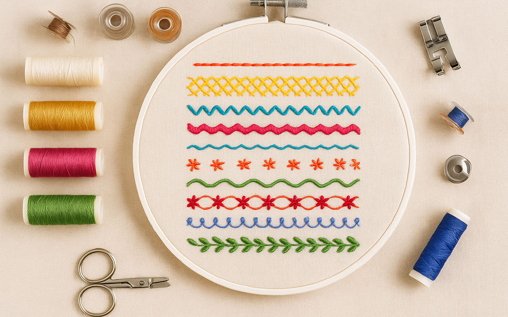 Embroidery hoop with a multi-stitch sampler surrounded by colorful thread, scissors, and sewing supplies