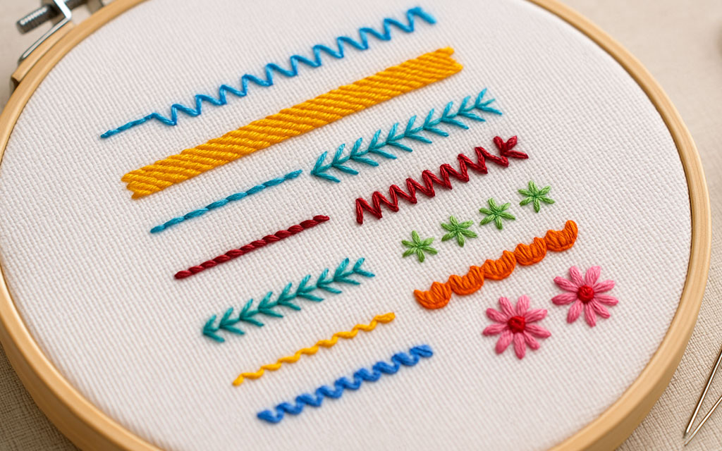 Embroidery hoop with a hand-stitched sampler showing chain stitch, satin stitch, and lazy daisy patterns in colorful thread