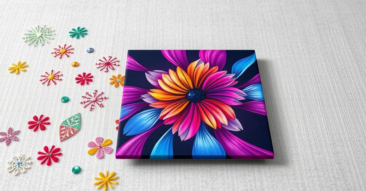Sublimation vs embroidery comparison showing vibrant sublimated flower design next to colorful embroidered stitch samples demonstrating the visual differences between printing methods