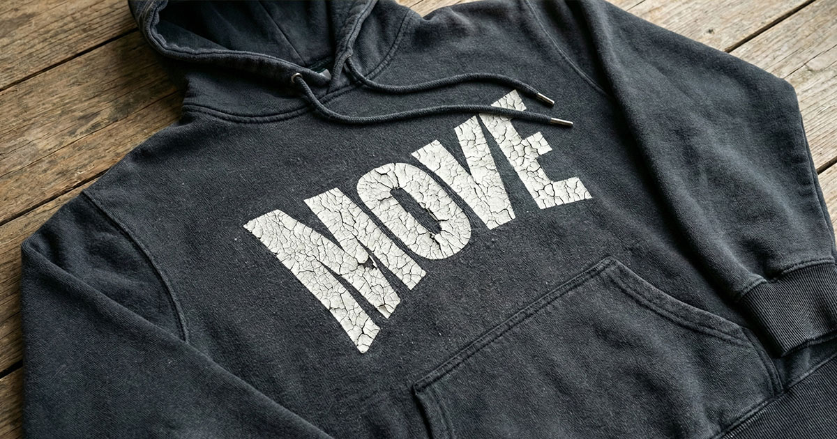 Black hoodie with severely cracked white print showing extensive cracking and peeling across printed letters on chest area