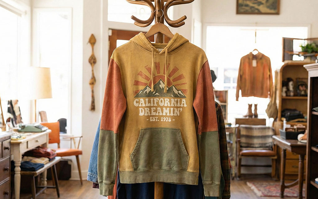 Vintage hoodie design with retro 1970s-inspired California graphic in warm mustard and burnt orange color palette