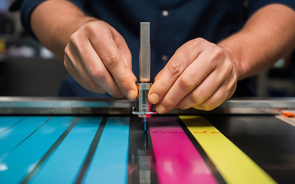 Technician checking ink density on an offset printing press showing cyan, magenta, yellow and black ink strips in sequence