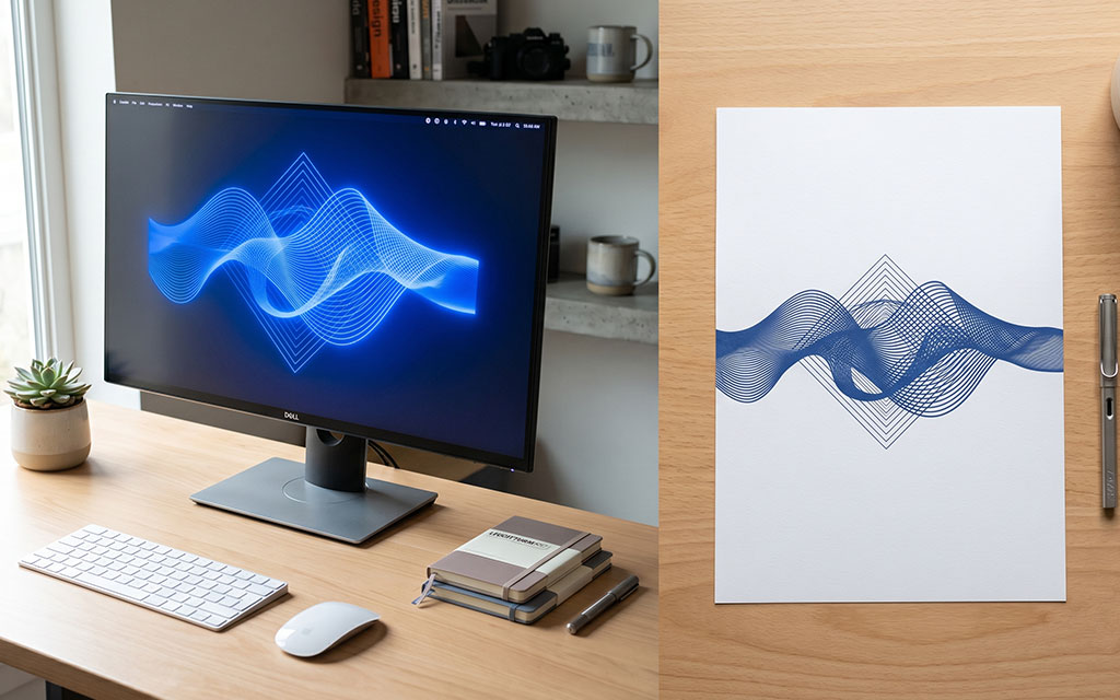 Side by side comparison of a vivid blue design displayed on a monitor in RGB and the same design printed on paper in CMYK showing a noticeably flatter, darker result
