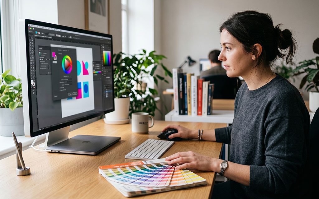 Graphic designer working in design software with a color picker open on screen and a Pantone color guide fanned out on the desk